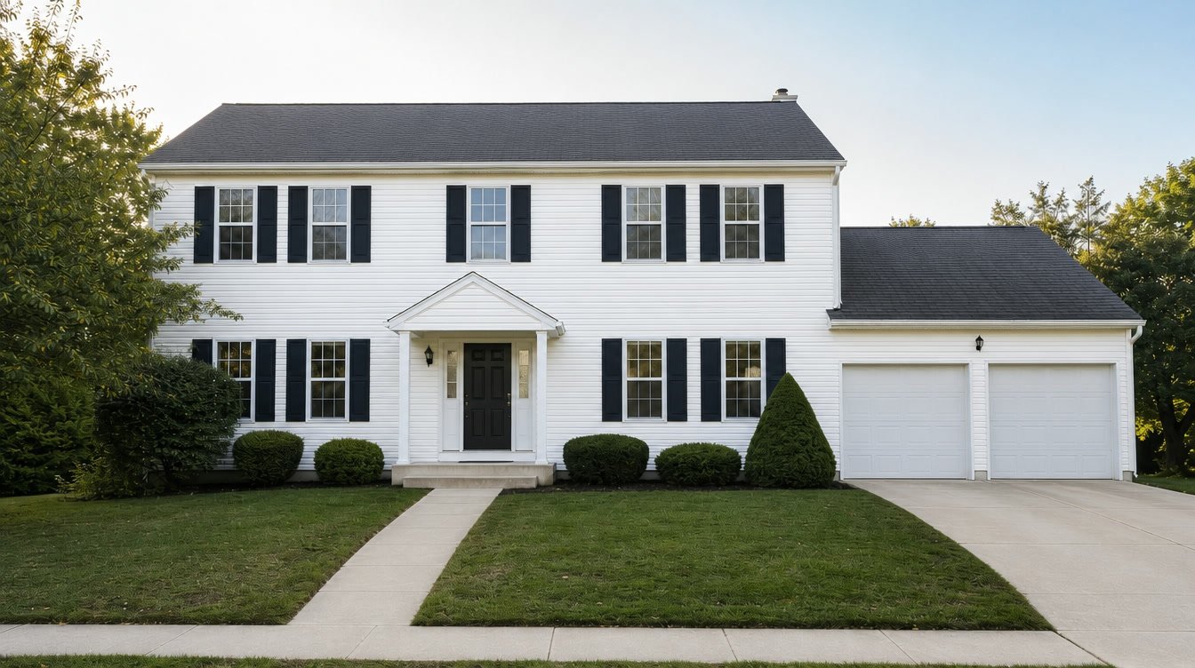 A suburban house with white vinyl siding, clean and bright