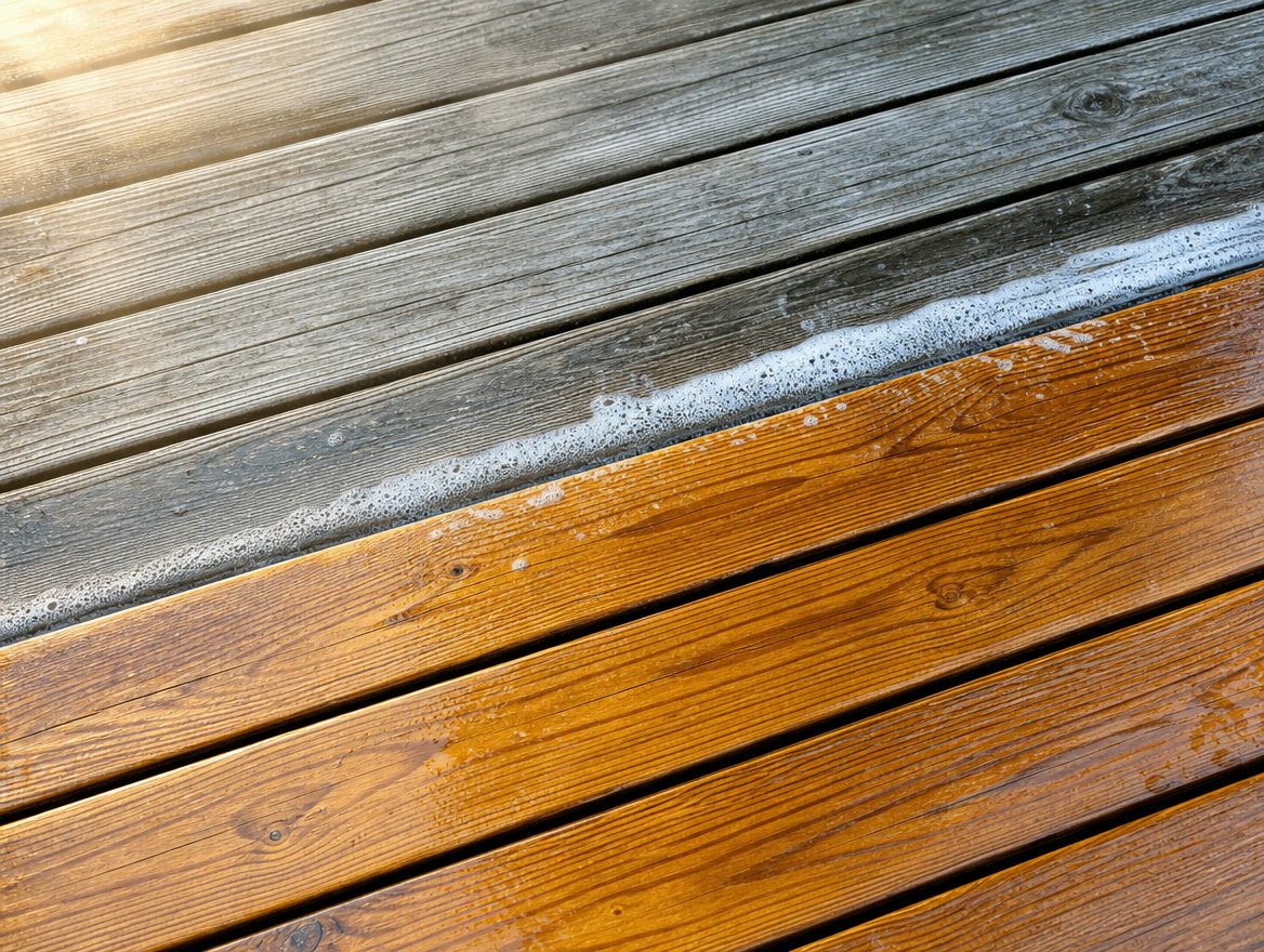 Wood deck boards, gray on one side and fresh wood on the other