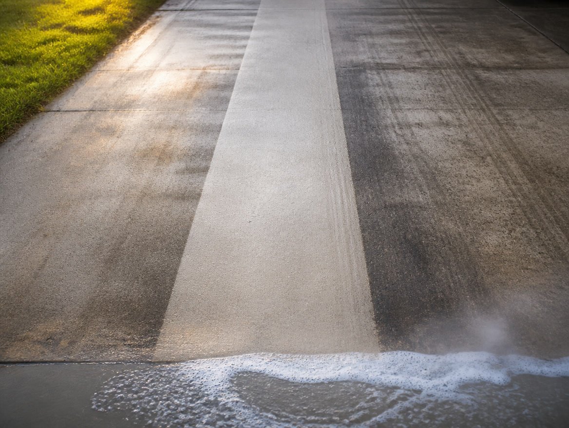 Concrete driveway with a clean stripe washed through the grime