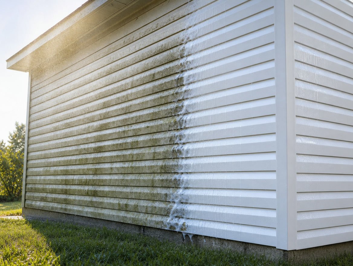 White vinyl siding, half washed, the clean half bright