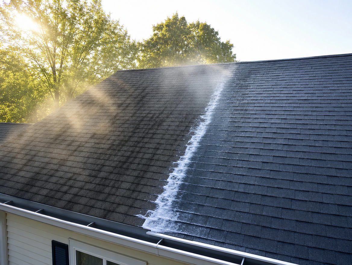 Asphalt shingle roof with black streaks being lifted