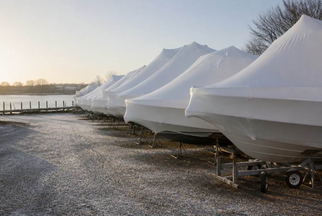 Boats under white shrink wrap at a marina in winter light
